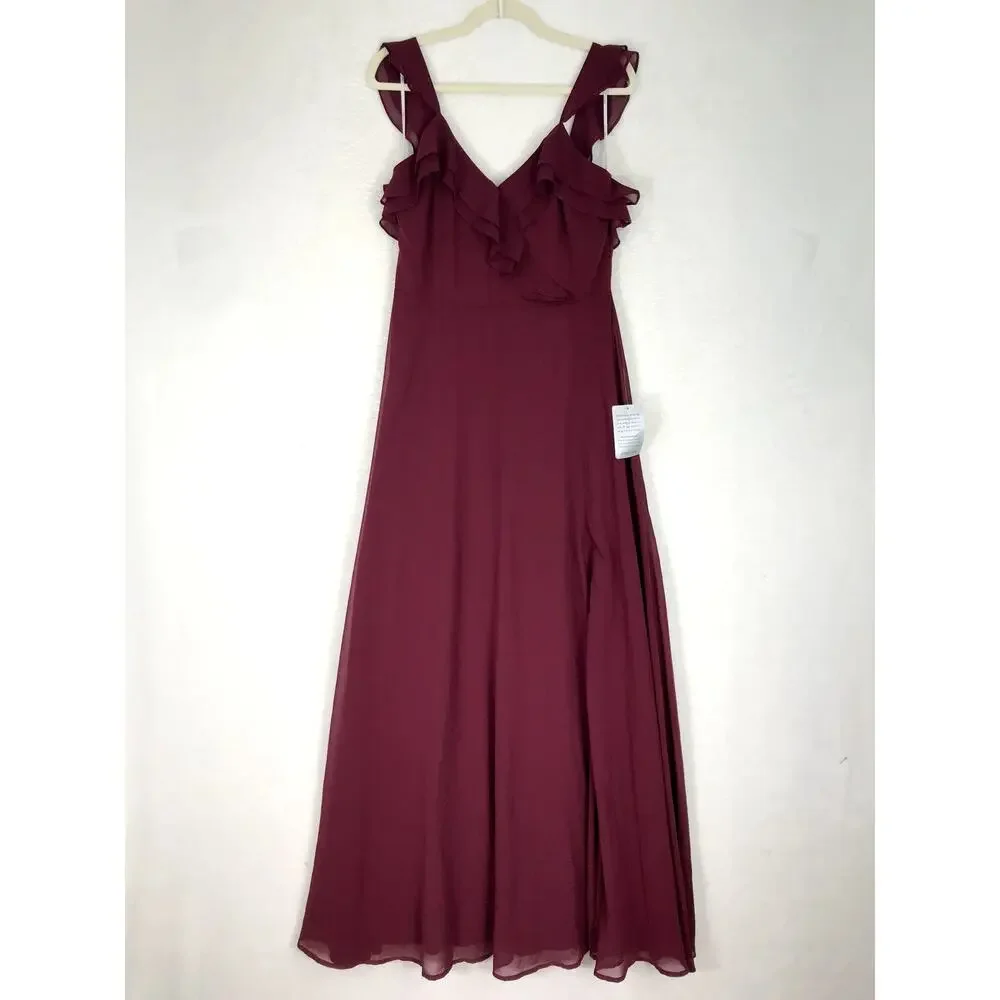 Lulus Dress Large Burgundy Adorning Glances Ruffles‎ Resort Wedding Formal READ